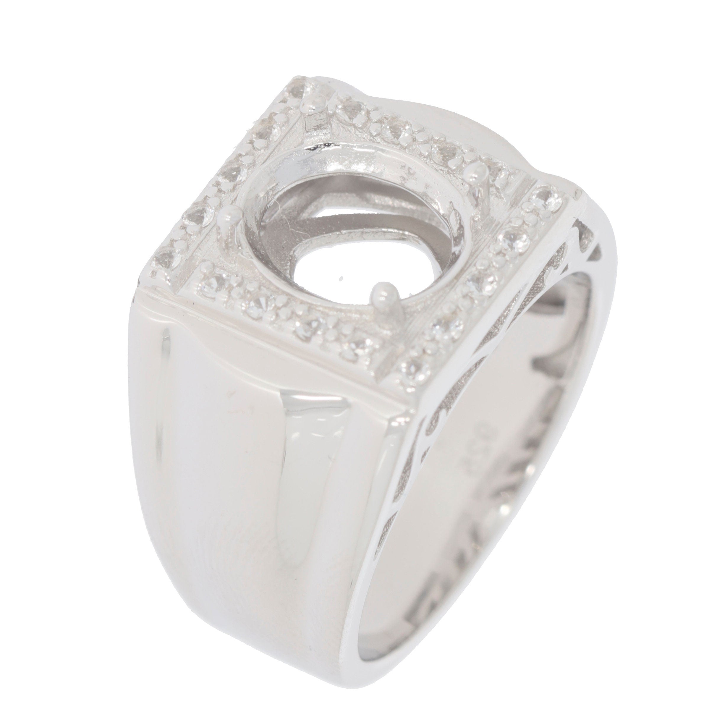 Men's sterling silver semi mount ring setting with moissanite halo, designed for 10x8mm oval gemstone, made to order.