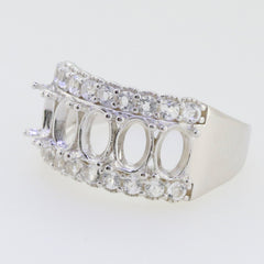 Sterling Silver Semi Mount Ring Setting with Multi Stone Band and White Topaz Accents, showcasing oval 6x4mm slots.