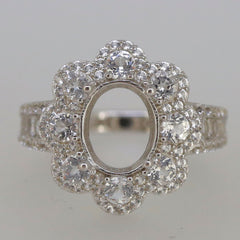 Sterling Silver Semi Mount Ring Setting with Oval Halo Floral Design, suitable for 10x8mm gemstones.