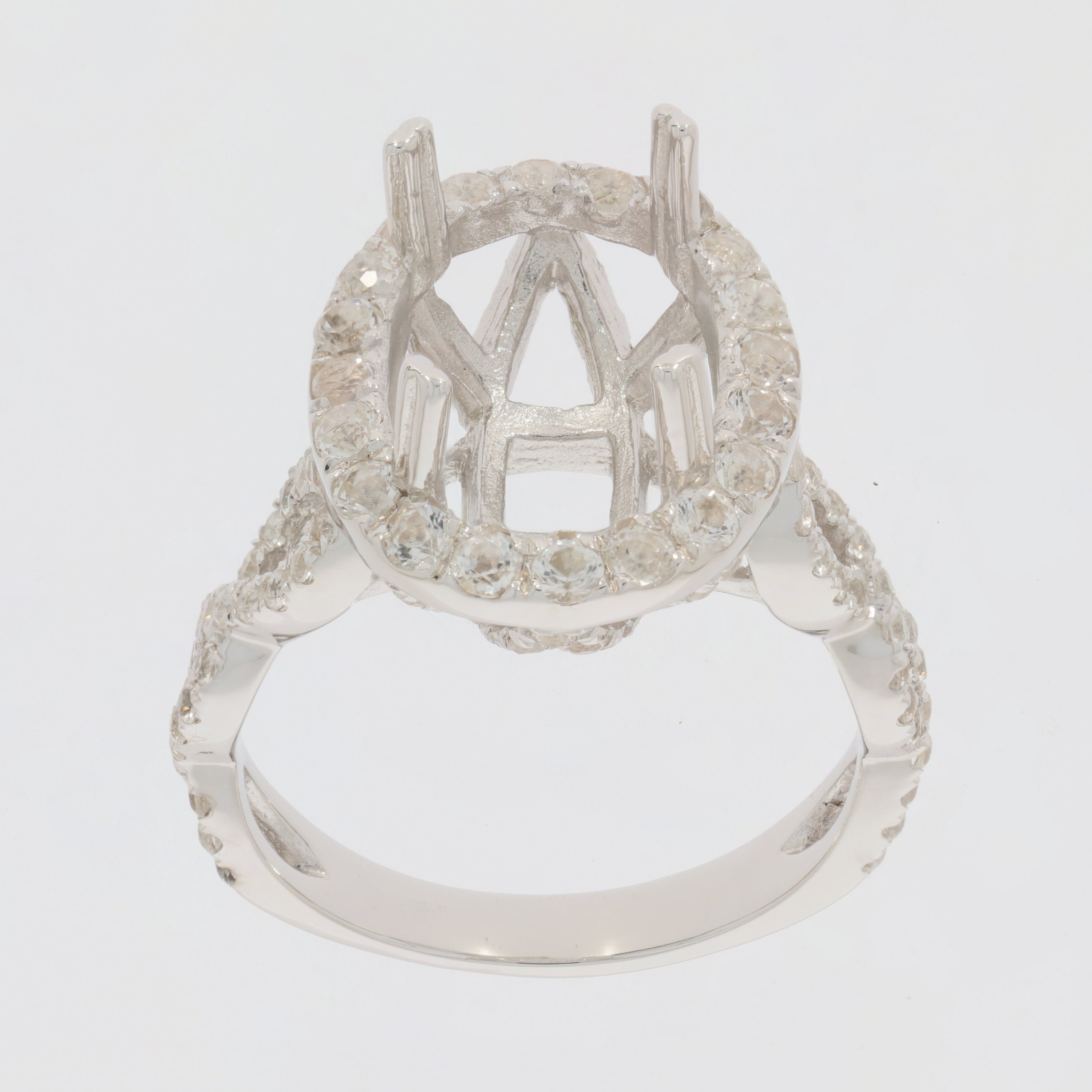 Sterling Silver Semi Mount Ring Setting with Twisted Shank Halo ready for custom gemstone, featuring White Topaz.