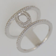 Sterling Silver Semi Mount Ring Setting with Double Row Split Shank Halo for 7x5mm Oval Gemstone