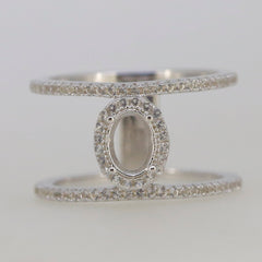 Sterling Silver Semi Mount Ring Setting with Double Row Split Shank Halo for 7x5mm Oval Stone