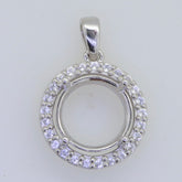 Sterling silver semi mount pendant setting with white topaz halo, round 13x13mm for custom gemstone placement.