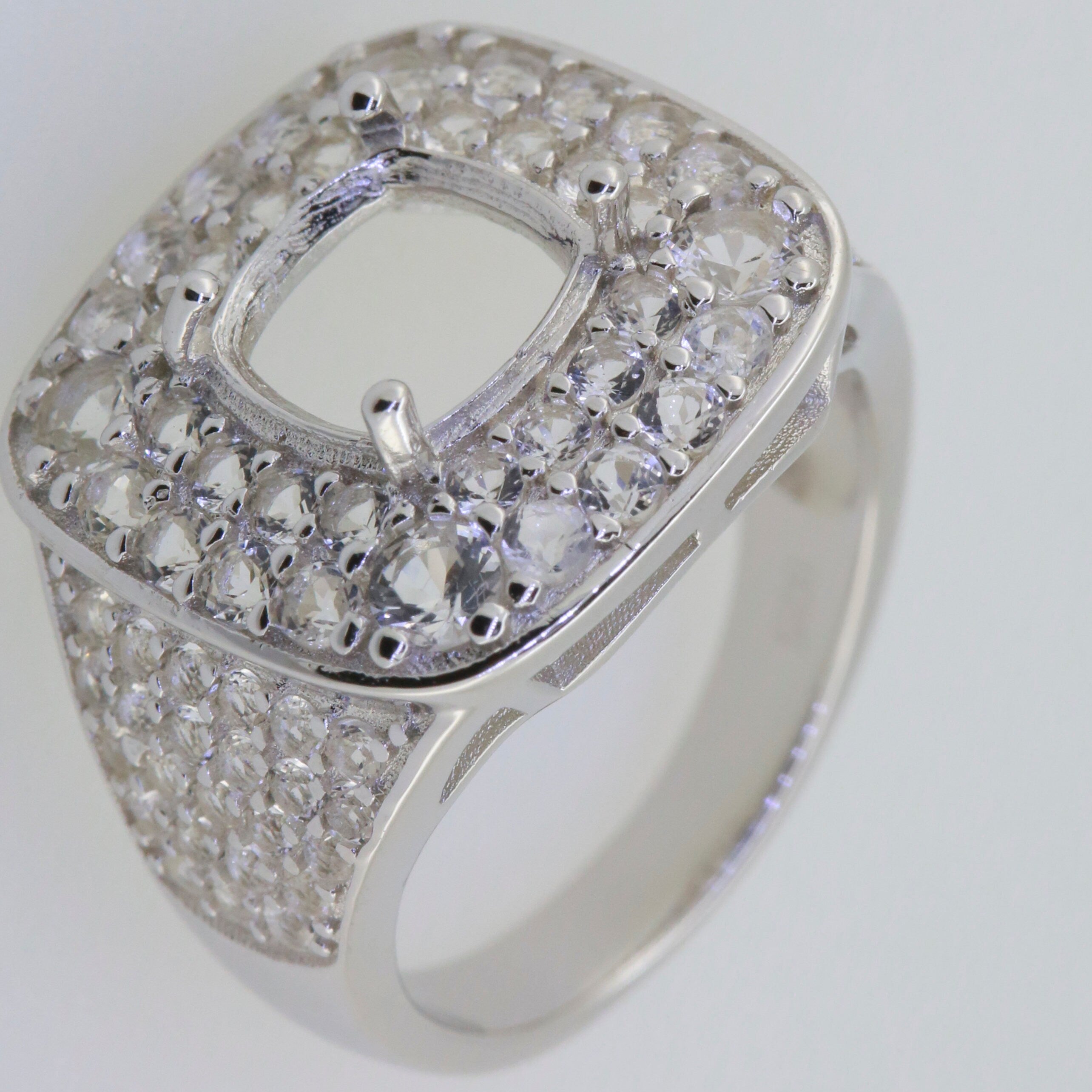 Sterling Silver Semi Mount Ring Setting with Cushion Double Halo, suitable for customizing gemstone size.