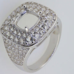 Sterling Silver Semi Mount Ring Setting with Cushion Double Halo, suitable for customizing gemstone size.