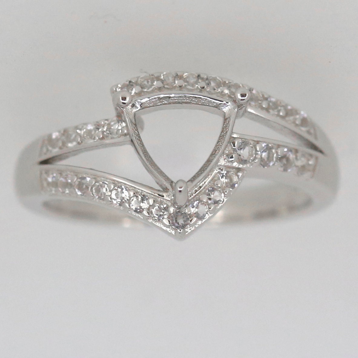 Custom Sterling Silver Semi Mount Ring Setting with Trillion Halo and Moissanite Accent, bypass design.