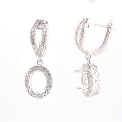 Sterling Silver Semi Mount Earrings Setting with White Topaz for oval gemstones, elegant dangle design, custom-made option.