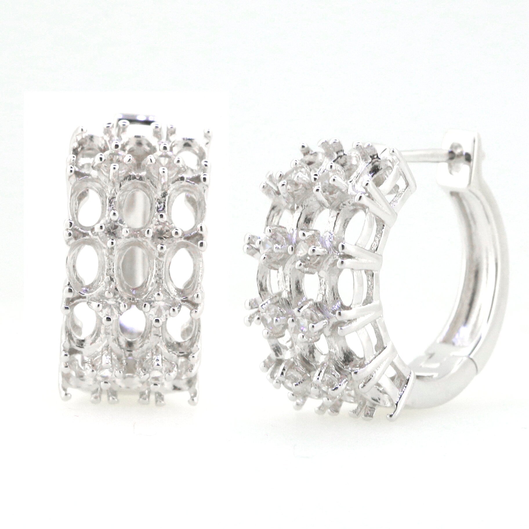 Sterling Silver Semi Mount Earrings Setting with White Topaz for oval gemstones, customizable, made to order.