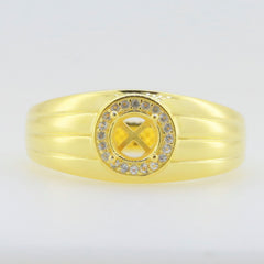 Men's yellow gold ring with a round center stone surrounded by sparkling accents and a sleek band design.