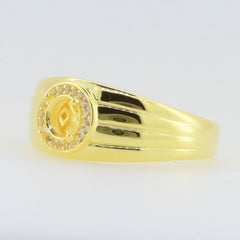 Men's gold ring with a round stone setting and decorative accents, showcasing a modern design.