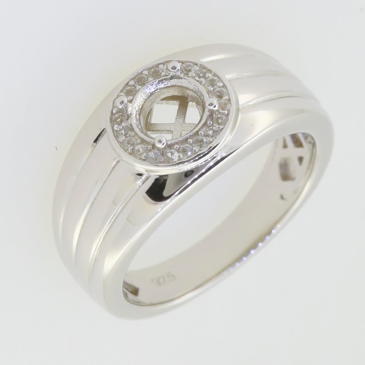 Men's Sterling Silver Ring with Round Moissanite Accent and Semi Mount Setting, Unique Design, Make to Order