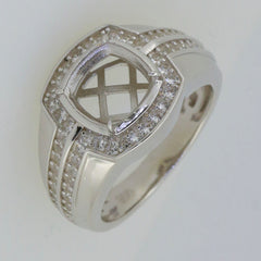 Men's Sterling Silver Semi Mount Ring Setting with cushion design, featuring a halo and intricate detailing.