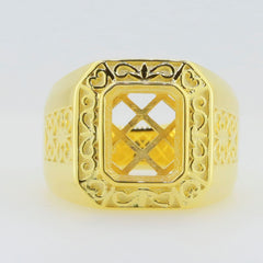 Men's gold ring with intricate floral design and hollow square pattern, perfect for adding a personalized gemstone.