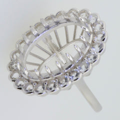 Sterling silver semi mount ring setting with white topaz halo, designed for 20x15mm oval gemstone.