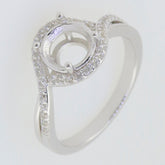 Sterling silver semi mount ring setting with halo design for 8x8mm round stone, featuring a bypass style.