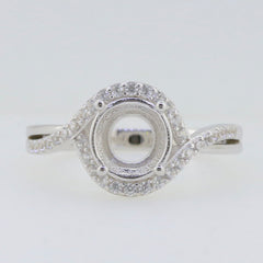 Sterling Silver semi mount ring setting with halo and moissanite accents, perfect for custom gemstone fitting.