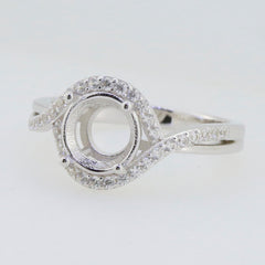 Sterling silver semi mount ring setting with halo design for 8x8mm round gemstone, bypass style, made to order.