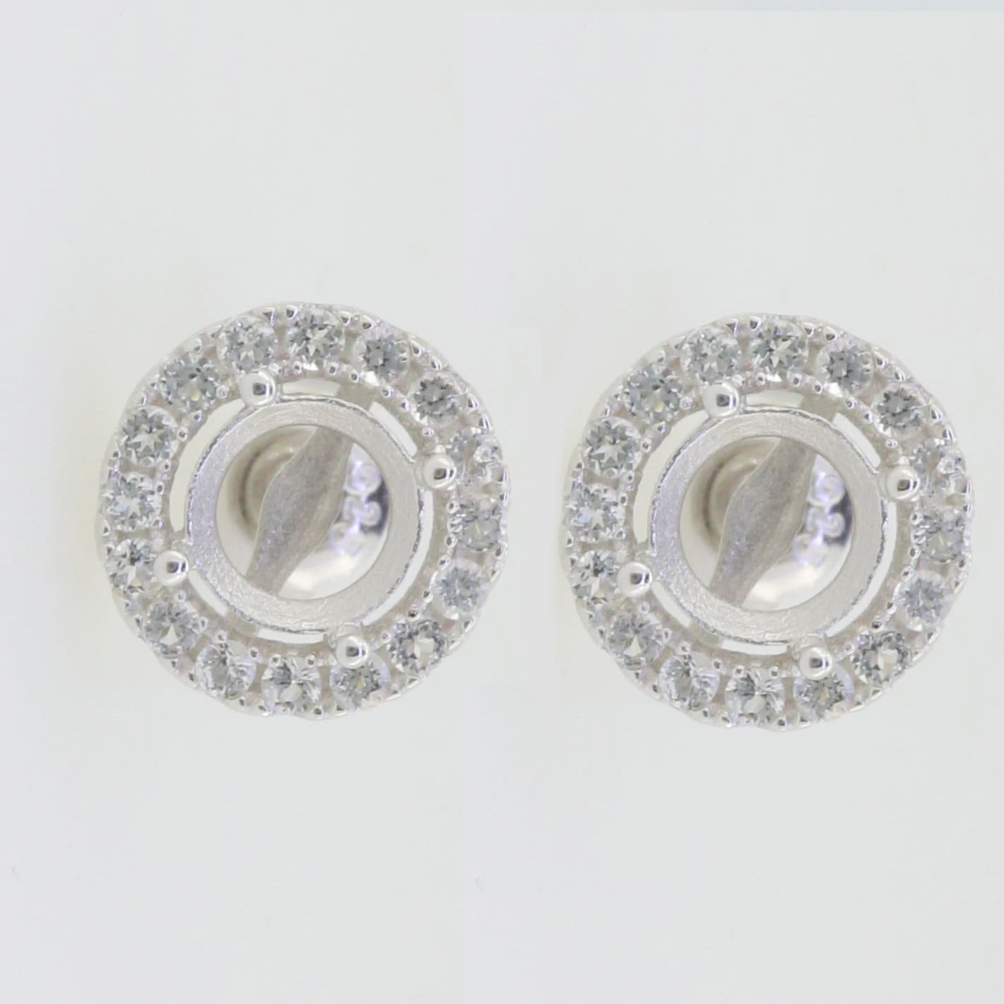 Sterling Silver Semi Mount Earrings with White Topaz Double Halo Setting, 6x6mm Round Studs