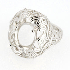 Sterling silver semi mount ring setting in Art Deco style, designed for an oval gemstone 10x8mm, intricate details.