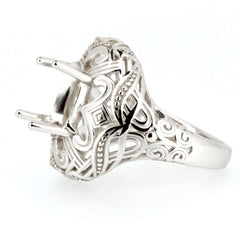 Sterling Silver Semi Mount Ring Setting with intricate Art Deco design, oval gemstone placeholder, made to order.
