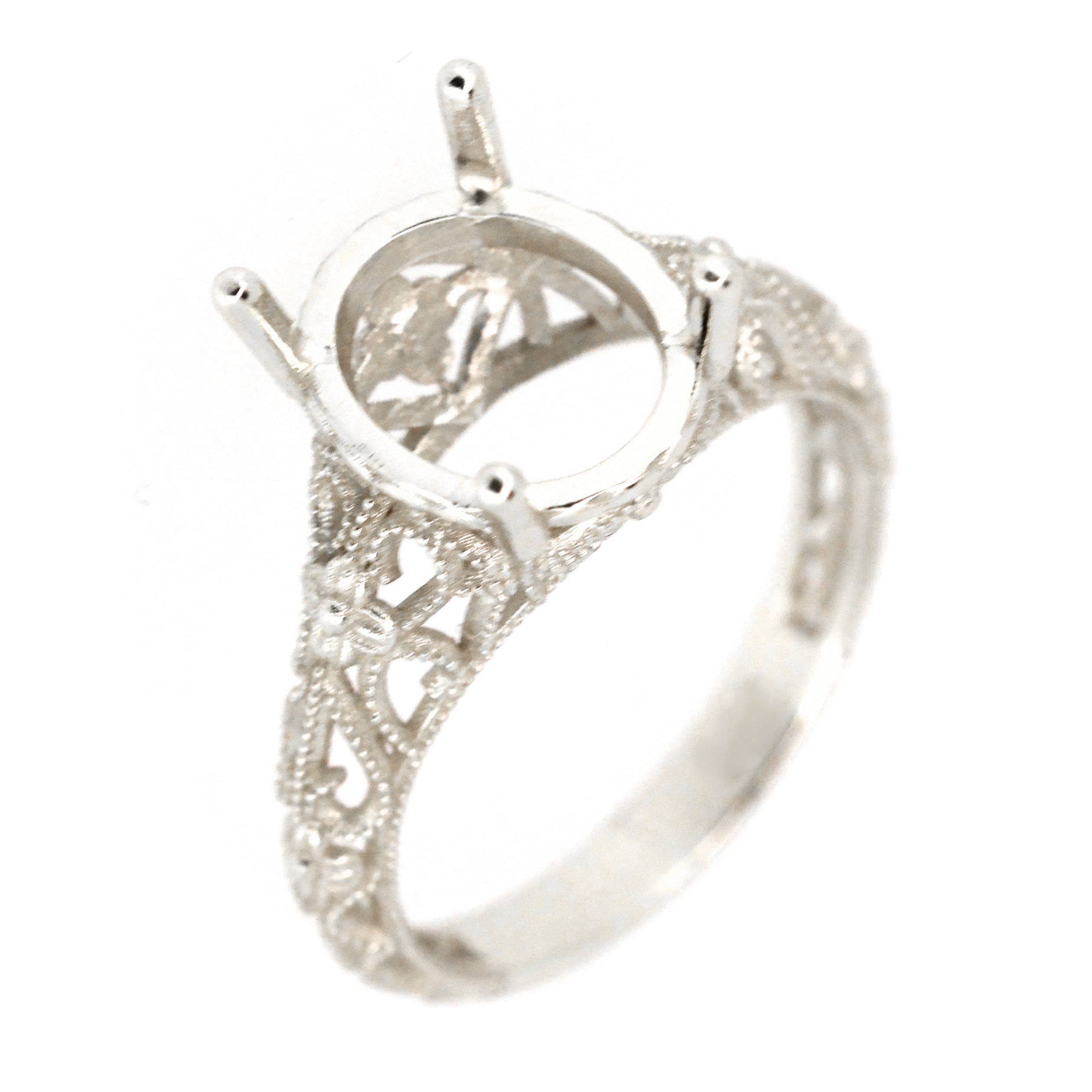 Sterling Silver Semi Mount Ring Setting Oval for 11x9mm gemstone in Art Deco Style, handcrafted and made to order.