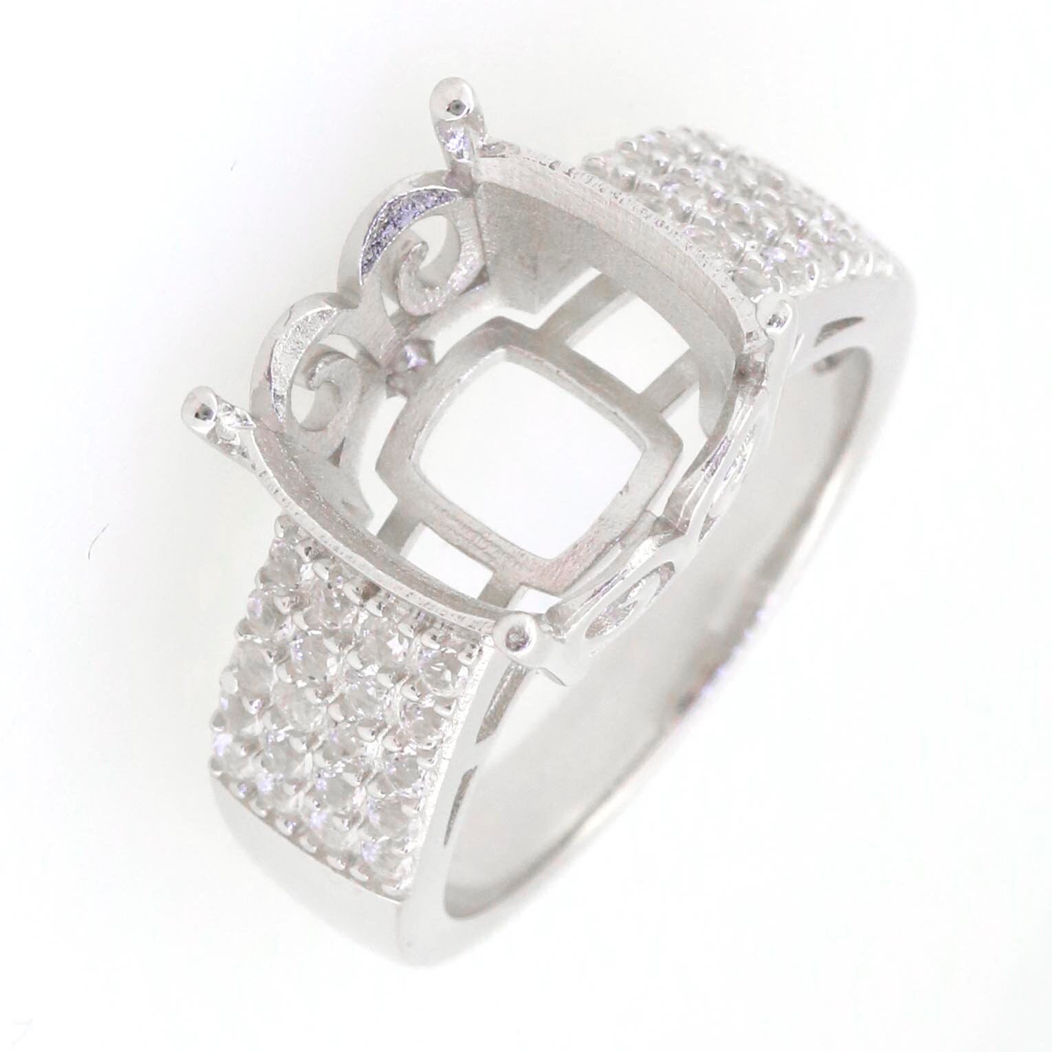 Sterling silver semi mount ring setting with white topaz accents, featuring a cushion 12x12mm centerpiece.