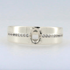 Sterling silver semi mount ring setting with oval gem space and Moissanite accents, unisex design