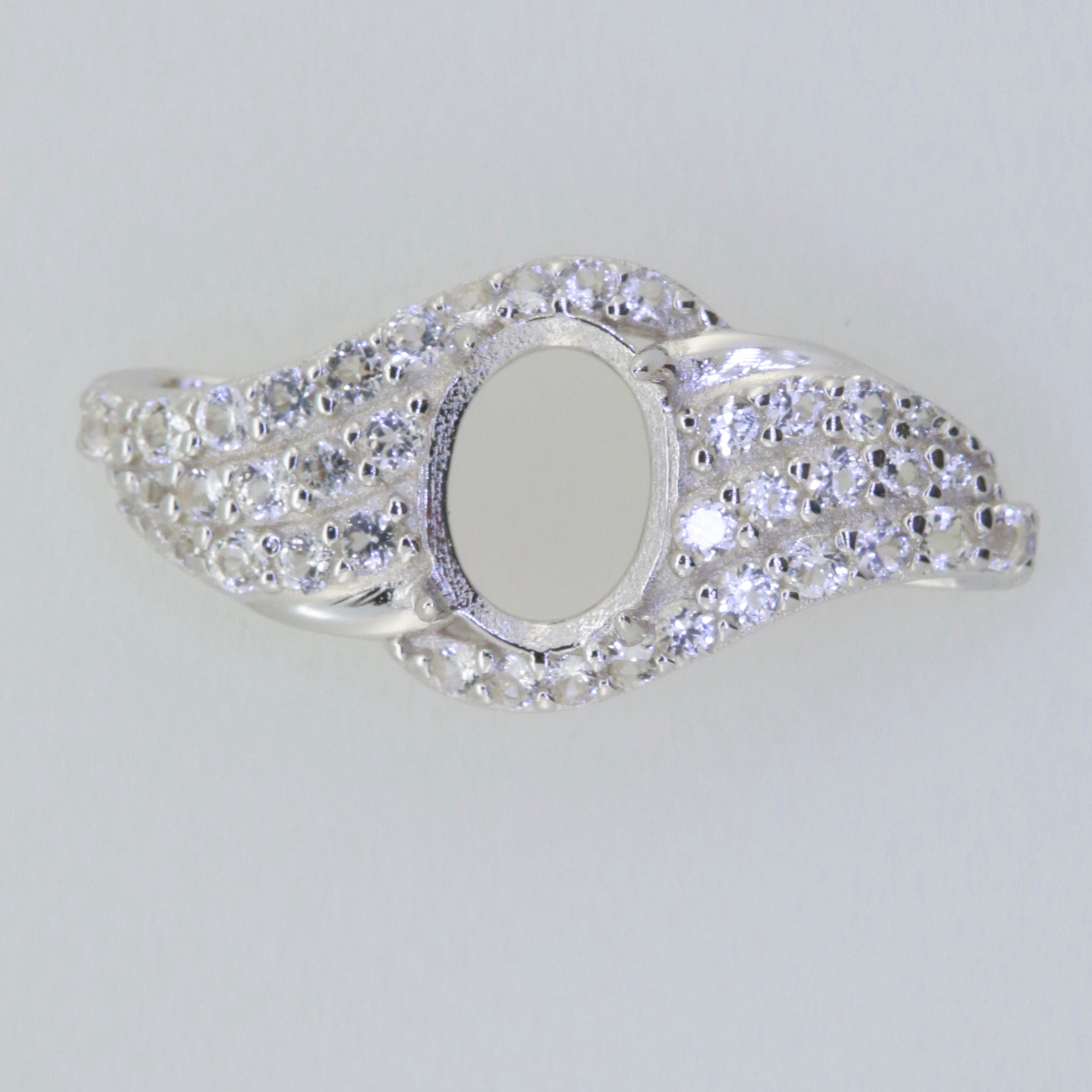 Sterling Silver Semi Mount Ring Setting with White Topaz Halo, fits 9x7mm oval gemstone, made to order.