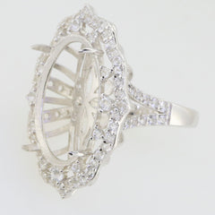 Custom sterling silver semi mount ring setting with halo of moissanite stones, designed for an oval stone 25x18mm.
