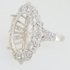 Sterling silver semi-mount ring setting oval halo with white topaz accents, made to order for various gemstone sizes.