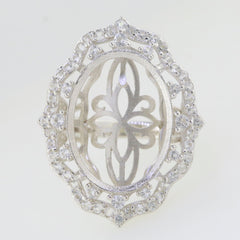 Custom sterling silver semi mount ring setting with oval halo design and moissanite accents.