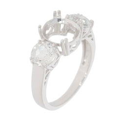 Sterling Silver Semi Mount Ring Setting with oval and round stone placeholders, 3-stone design, elegant and polished finish.