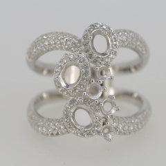 Sterling silver semi mount ring setting with double row split shank halo design and multiple gemstone placeholders.
