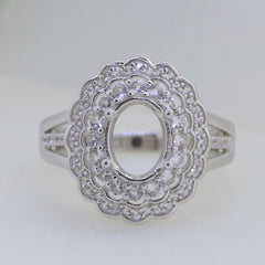 Sterling Silver Semi Mount Ring Setting with Oval Double Halo and White Topaz, designed for custom gemstone fitting.