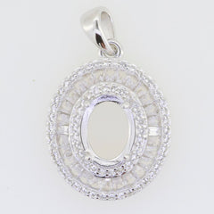 Sterling Silver Semi Mount Pendant Setting with Triple Halo and Baguette stones, designed for a 9x7mm gem.