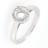 Sterling silver semi-mount ring setting, round halo with Moissanite accents, designed for custom gemstone options.