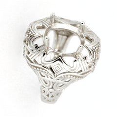 Sterling Silver Semi Mount Ring Setting in Art Deco style for 10x8mm oval gemstone, designed to order and customizable in various sizes.