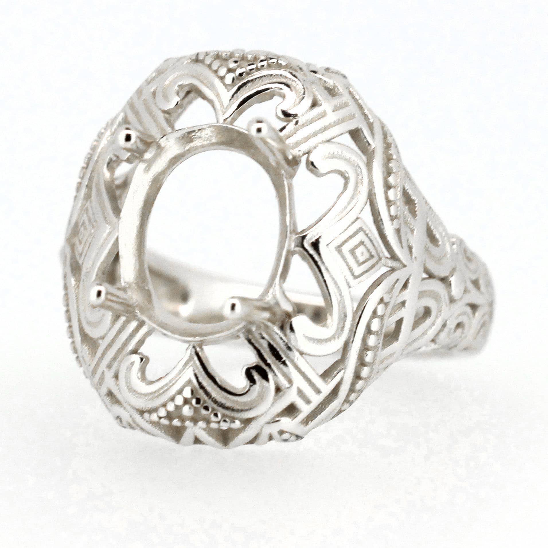 Sterling silver semi mount ring setting in Art Deco style for 10x8mm oval gemstone, made to order with intricate detailing.