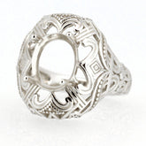 Sterling silver semi mount ring setting in Art Deco style for 10x8mm oval gemstone, made to order with intricate detailing.
