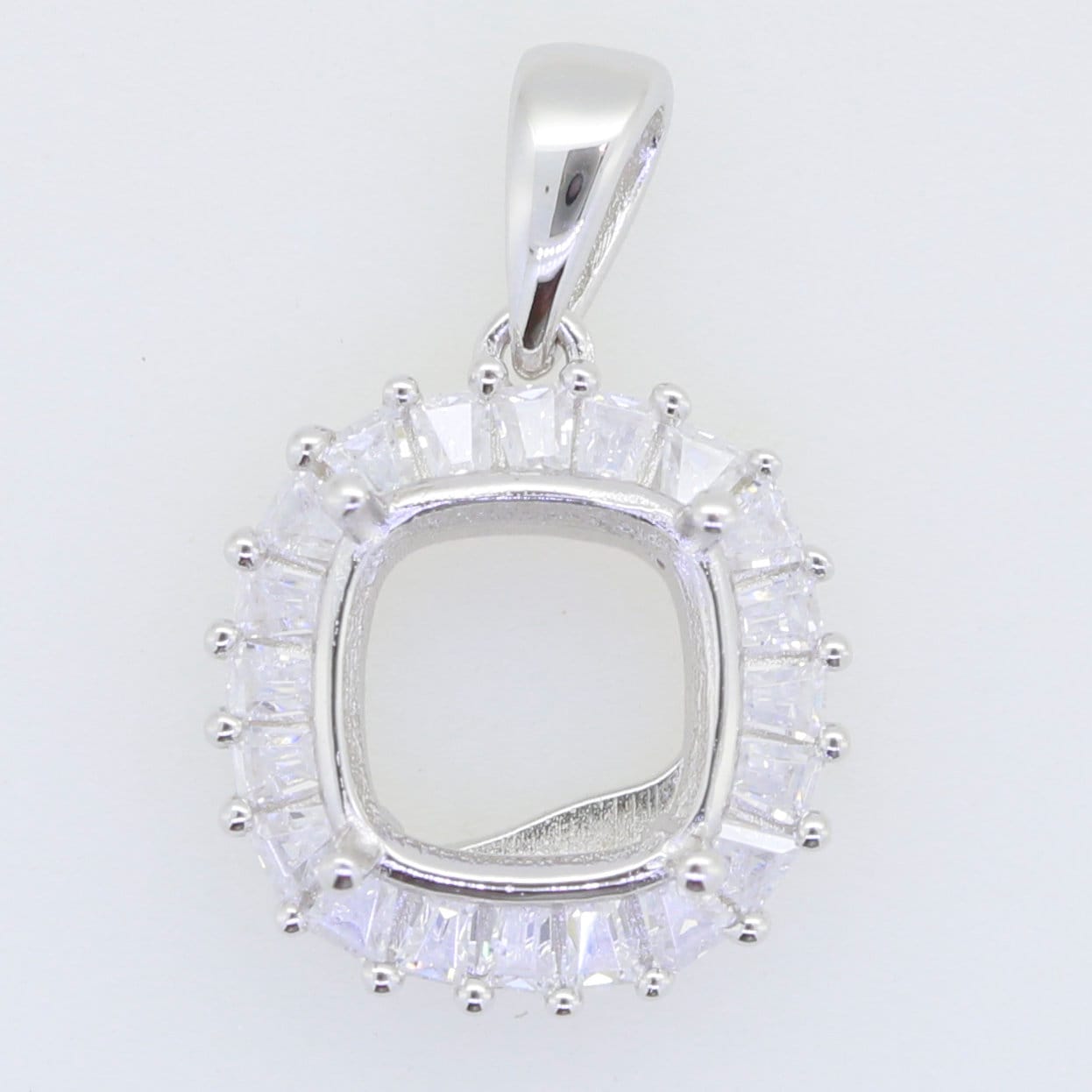 Sterling Silver Semi Mount Pendant Setting with White Topaz accent stones and cushion shape for custom gemstone.