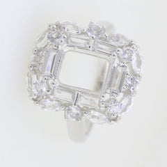 Sterling silver semi mount ring setting with emerald octagon 9x7mm and double halo, featuring baguette and marquise stones.