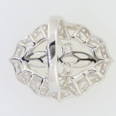 Sterling silver semi mount ring setting for oval cabochon, designed for moissanite accents, intricate detailing.