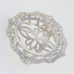 Sterling Silver oval semi mount ring setting with intricate halo design and moissanite accents.