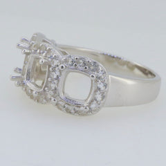 Sterling silver semi mount ring setting with cushion halo and moissanite stones, customizable for various sizes.