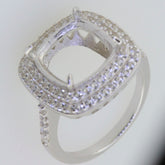 Sterling Silver semi mount ring setting with double halo and white topaz accents, designed for a cushion cut gemstone.