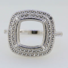 Custom sterling silver semi mount ring setting with double halo design and white topaz accents for 10x10mm cushion stone.