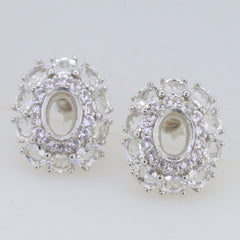 Sterling silver semi mount earrings setting with white topaz in double halo design, oval shape 6x4mm.