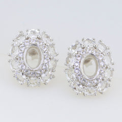 Sterling Silver Semi Mount Earrings Setting with White Topaz in Double Halo, suitable for 6x4mm oval gemstones.