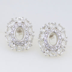 Sterling silver semi mount earrings setting with double halo and white topaz gemstones, oval shape for 8x6mm stones.