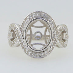 Sterling Silver Semi Mount Ring Setting with Oval Halo for 12x10mm gemstone, featuring White Topaz and Cross Shank design.